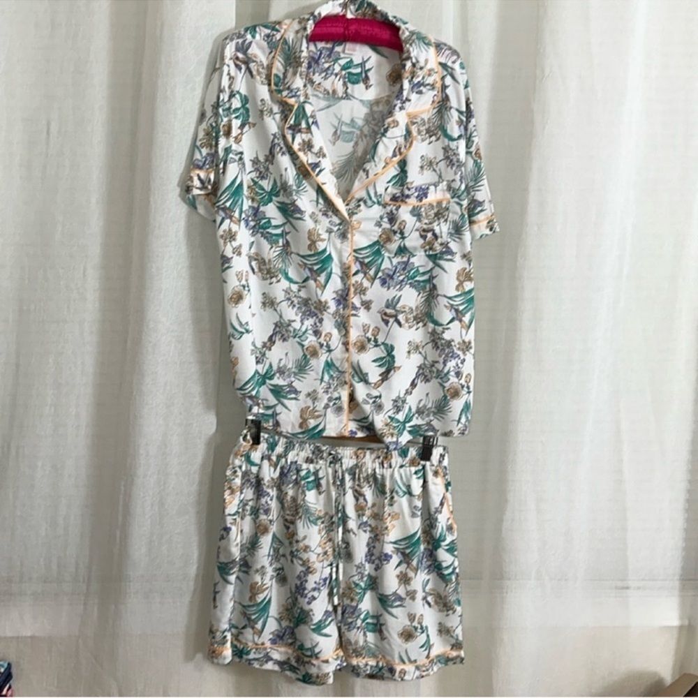 Japna L White Orange Blue Purple Green Floral Bird Print PJ Set Top & Shorts